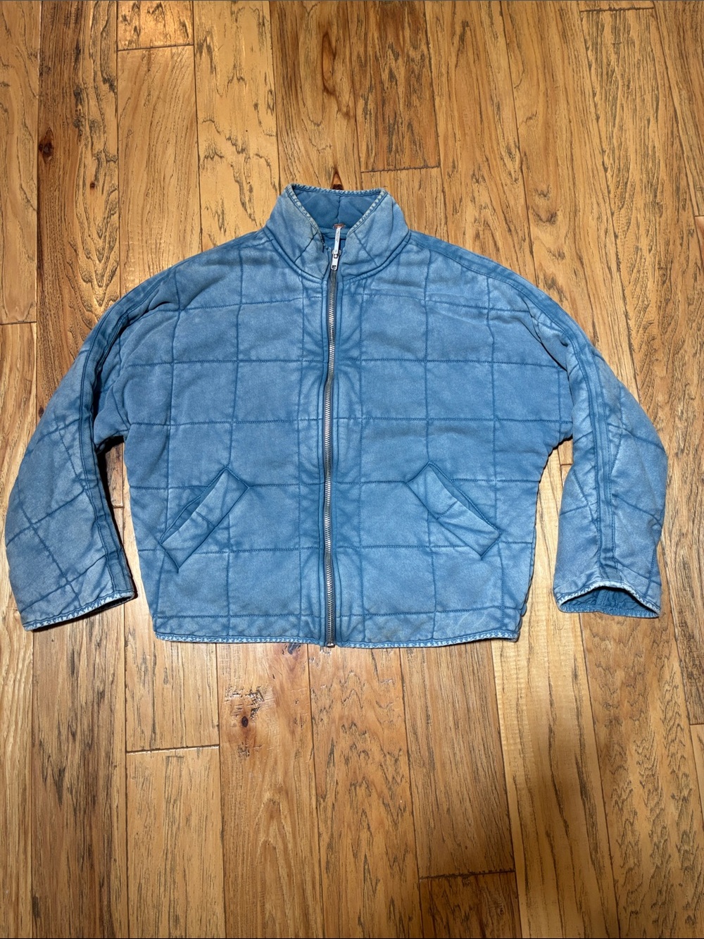 Free People - Dolman Quilted Knit Jacket Quilted Blue Zip-Front Jacket - small